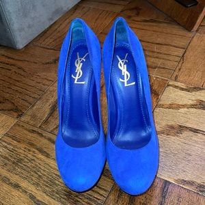 YSL Royal Blue platform suede heels